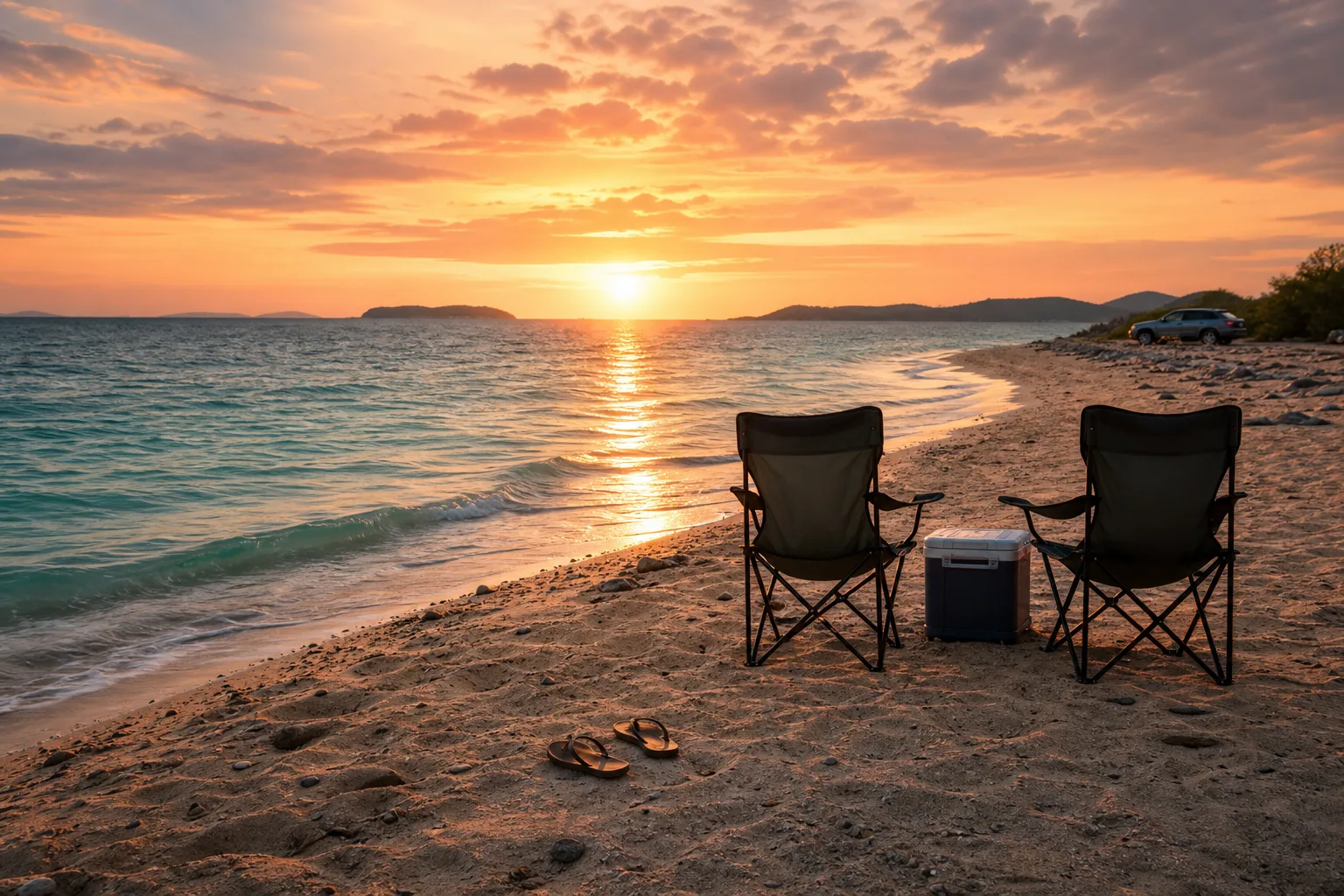 A peaceful beach stop at sunset with folding chairs, sandals, and a cooler in the sand