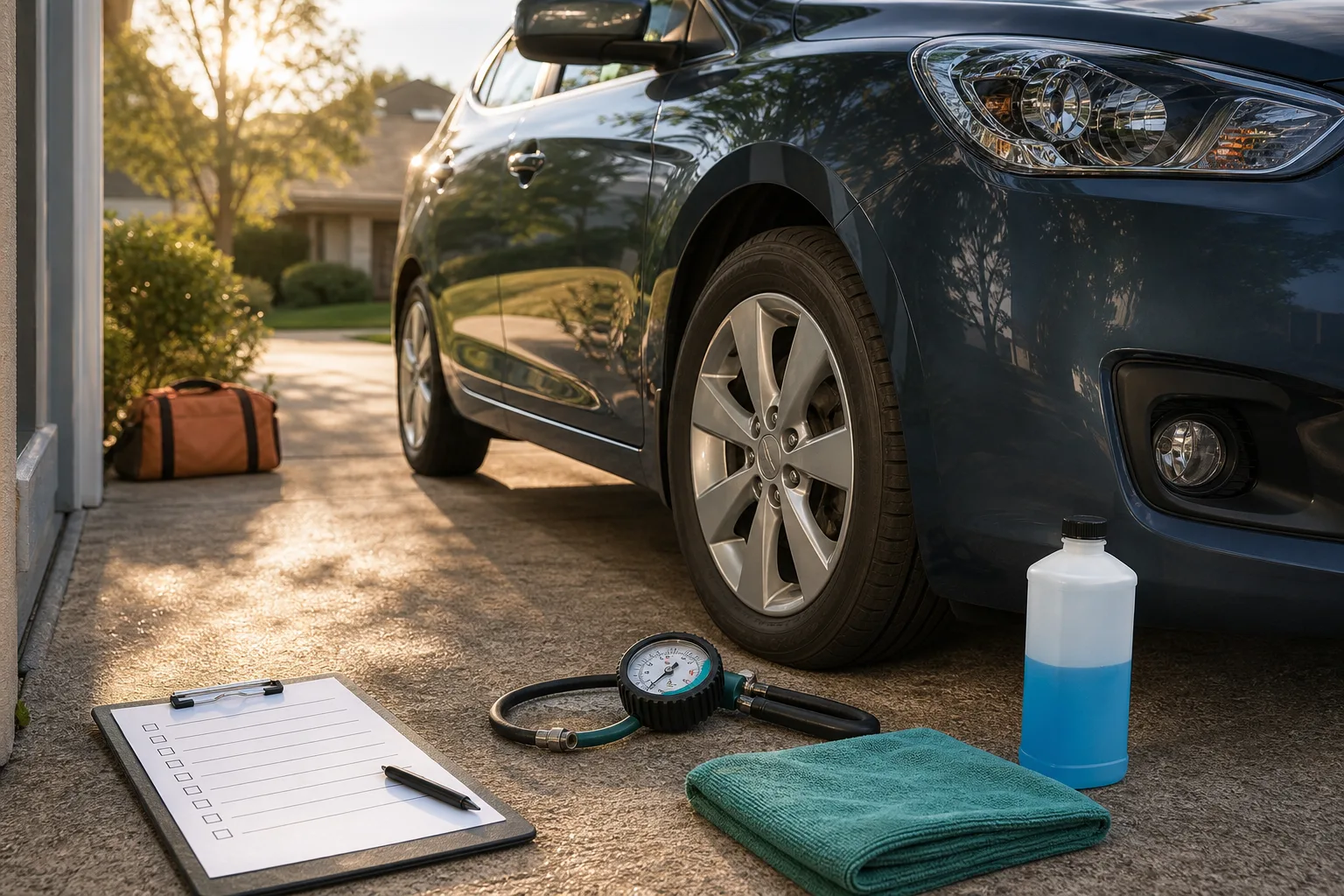 Car preparation items beside a tire including a tire gauge, washer fluid, cloth, and blank checklist