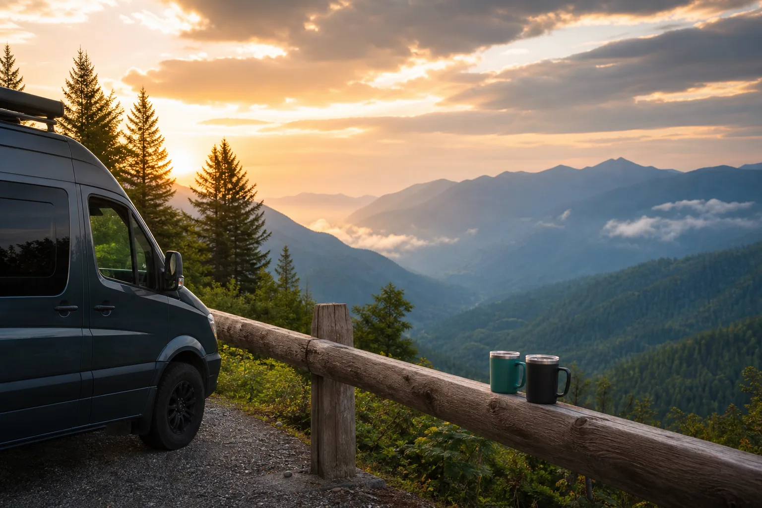 A mountain overlook rest stop with a campervan and travel mugs in morning light