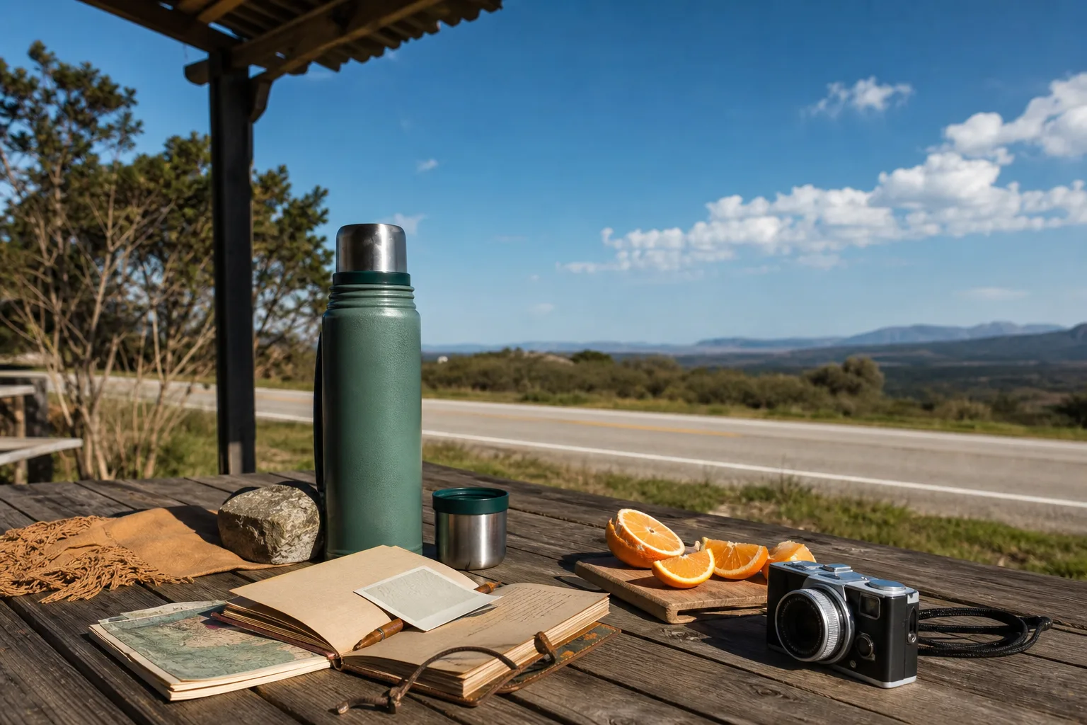 A sunny roadside picnic table with a thermos, travel journal, postcard, orange slices, and camera