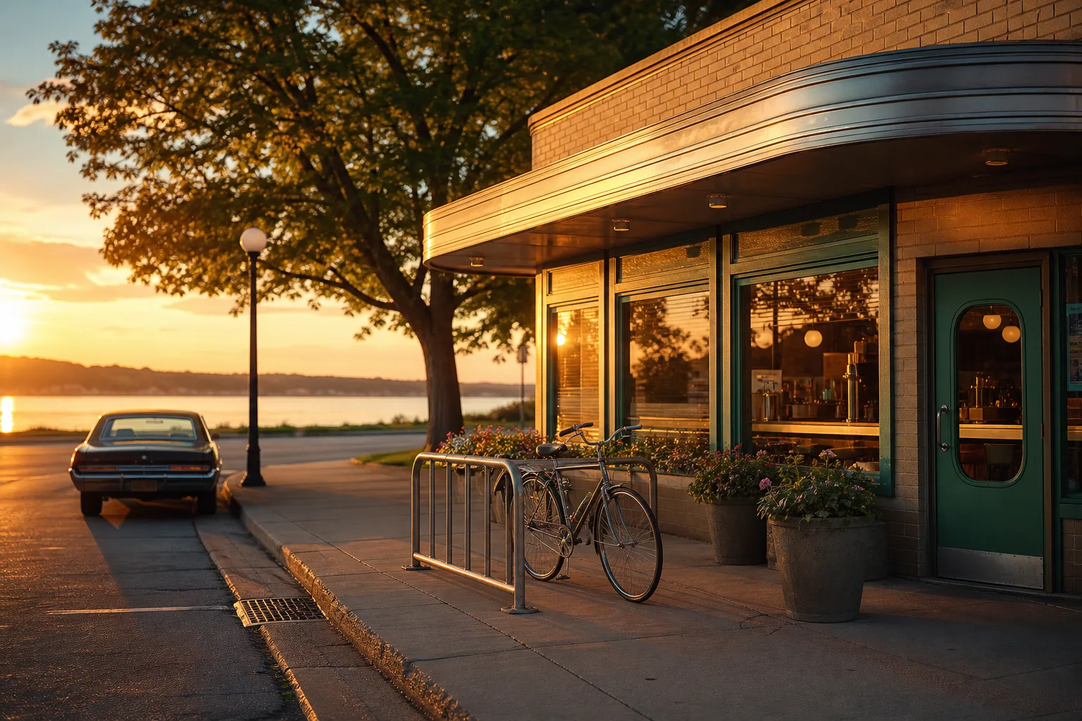 A sunny small-town stop with a diner exterior, parked car, flowers, and warm evening light